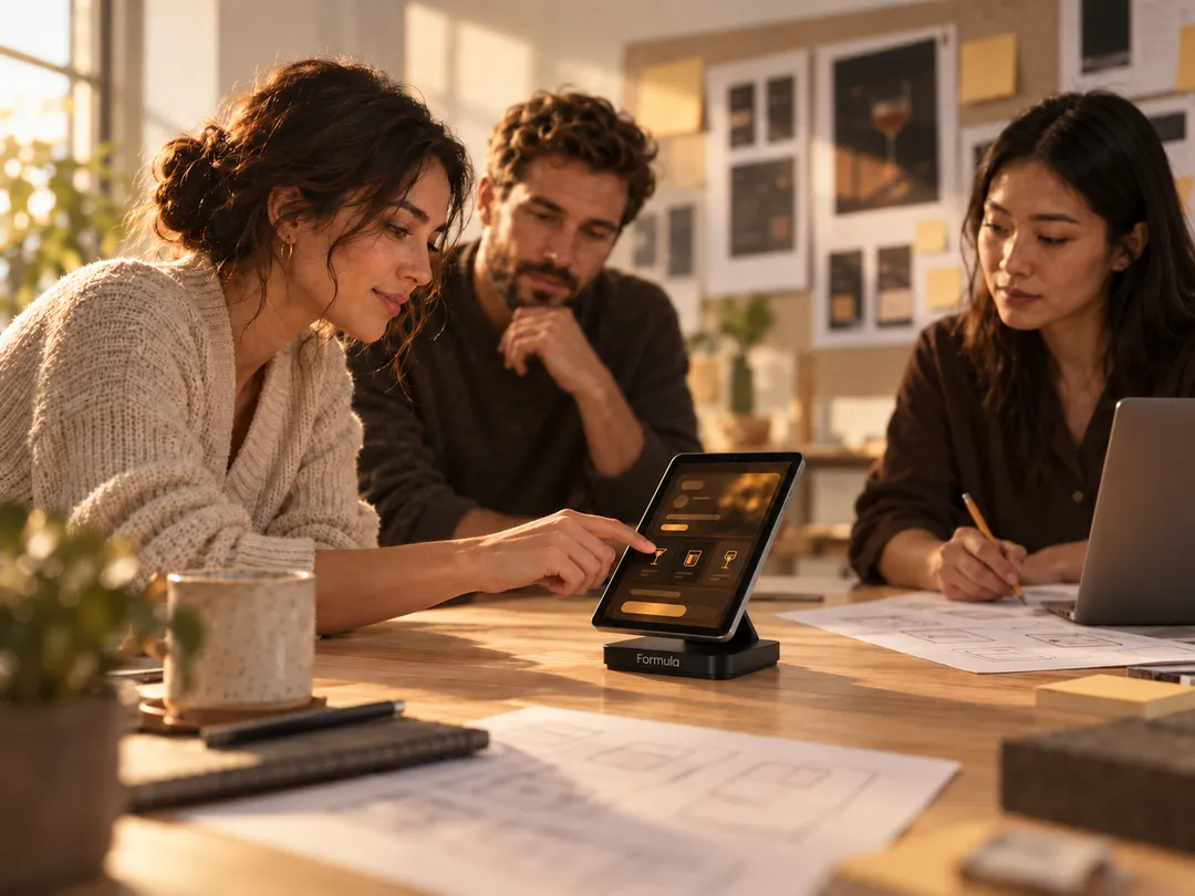 Three members of the Formula team reviewing an app on the device, with screen sketches spread across the table