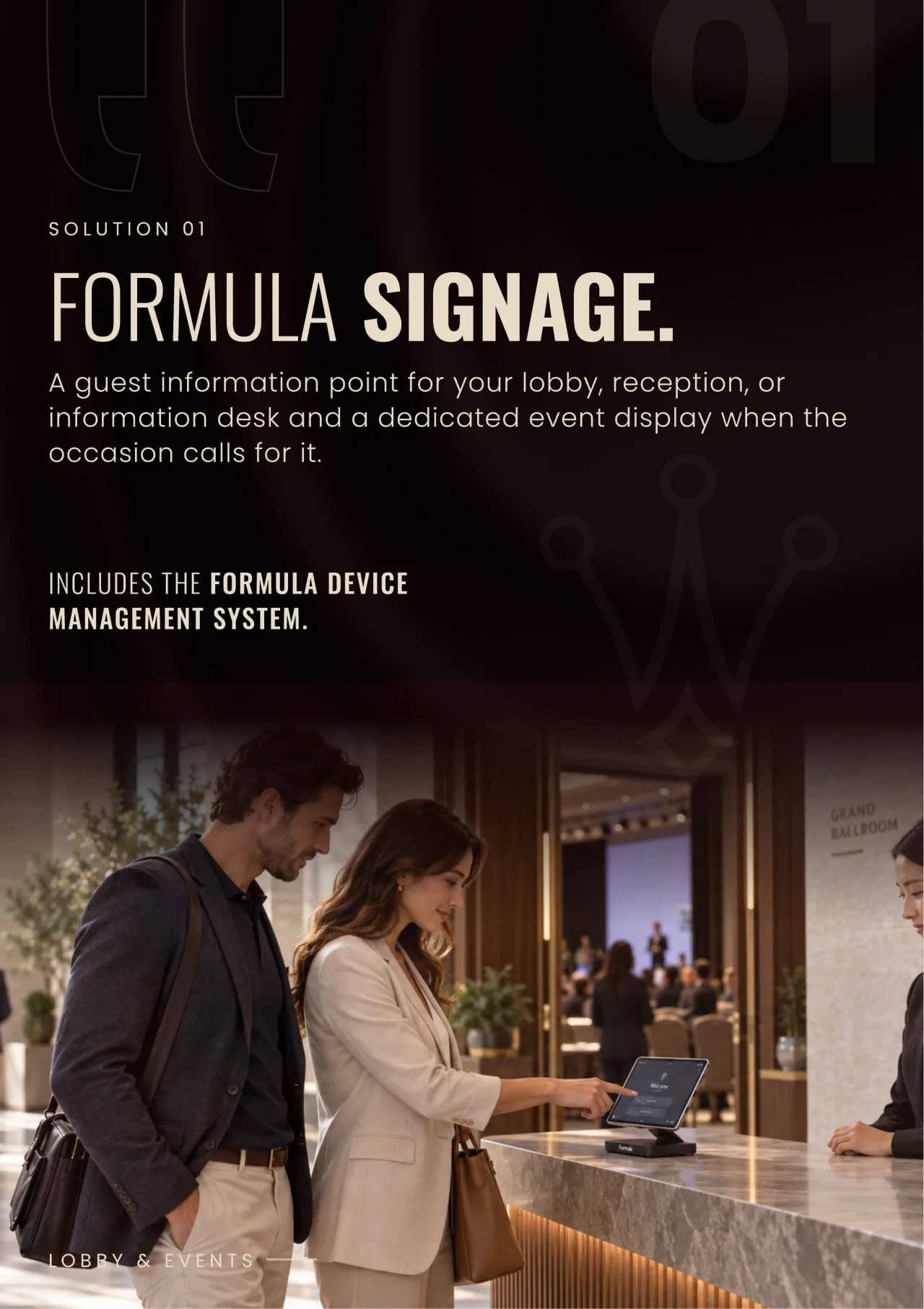 Solution 01, Formula Signage: two guests at a lobby counter beside a Formula display, under a Grand Ballroom sign.