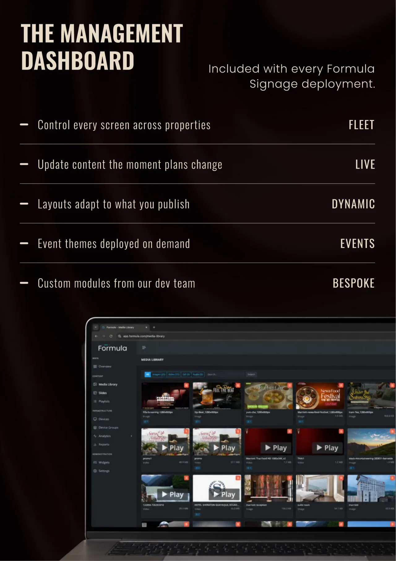 The management dashboard on a laptop, showing a media library of event and festival screens.