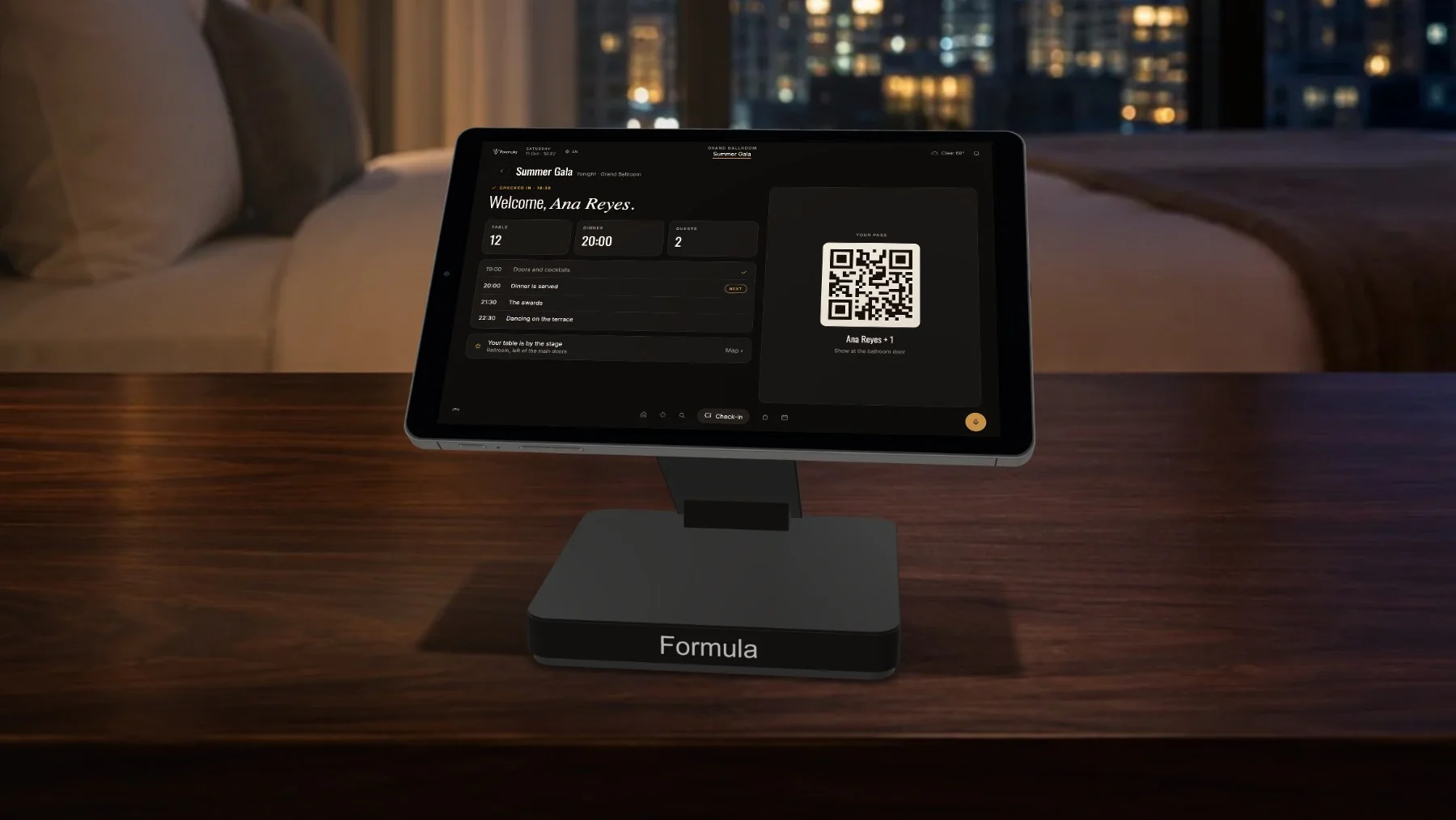 Formula showing an event check-in app with a guest pass, table number and the evening schedule
