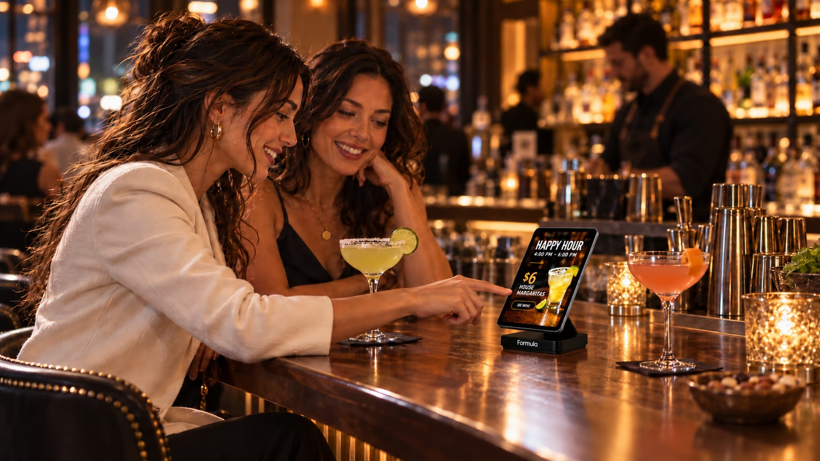 Two friends at a bar pointing at the happy-hour offer on Formula