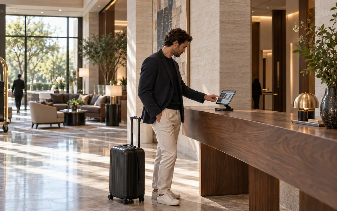 A guest with a suitcase using Formula on the hotel front desk
